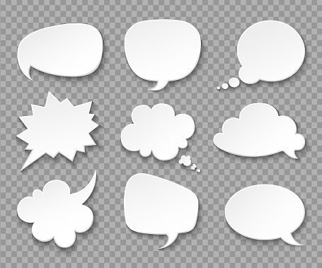 Thought balloons. Paper white speech clouds. Thinking bubbles retro 3d comics vector set