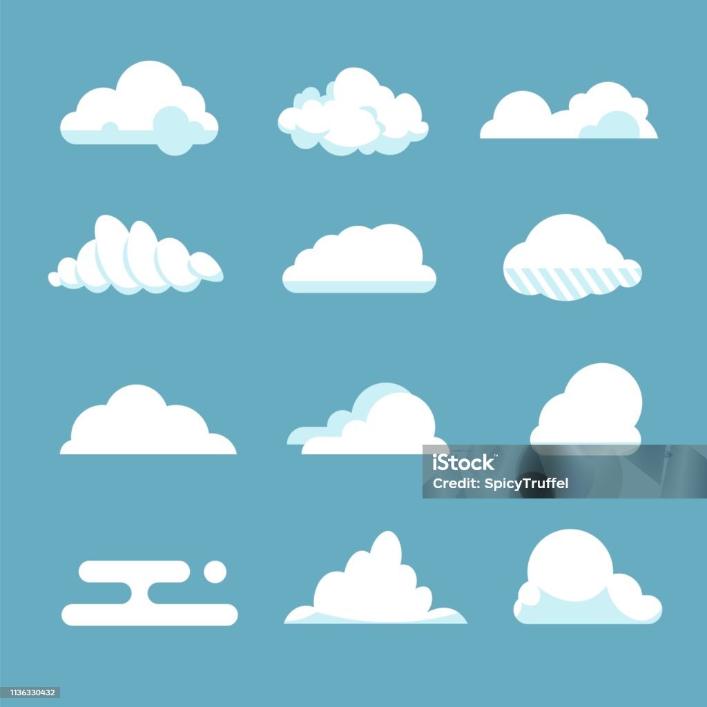 Nuage de ciel plat. Bleu de dessin animé moelleux formes atmosphère blanche nuageux éléments Vintage abstrait couvert. Nuages vectoriels - clipart vectoriel de Fonds de nuage libre de droits