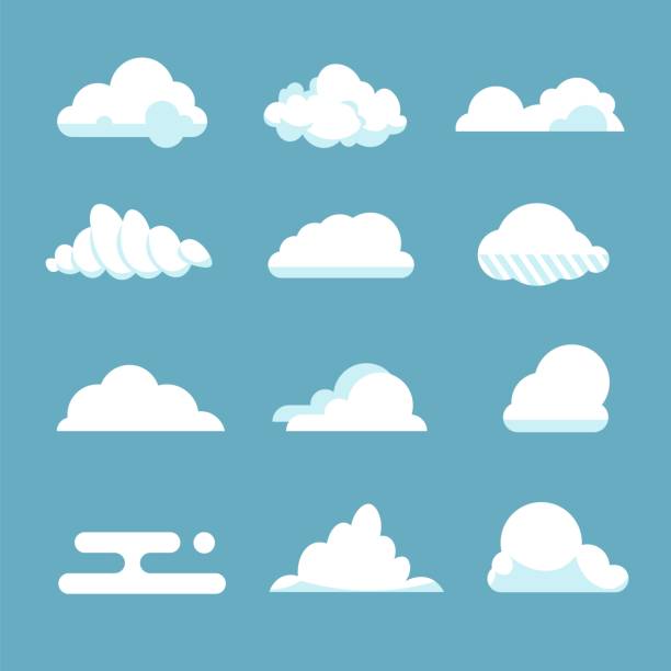 Flat sky cloud. Blue fluffy cartoon shapes white atmosphere cloudy elements vintage abstract overcast. Vector clouds Flat sky cloud. Blue fluffy cartoon shapes white atmosphere cloudy elements vintage abstract overcast. Vector clouds set cloudscape illustrations stock illustrations