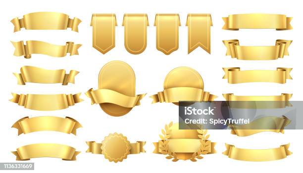 金色のリボン光沢のある古いラベルウェーブバナー要素プロモーションレトロな装飾黄色の価格の販売リアルなベクターゴールドリボン - 金色のベクターアート素材や画像を多数ご用意