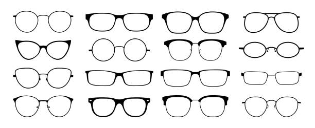 1902.m30.i020.n046.p.c25.533983342 sylwetka okularów. okulary przeciwsłoneczne hipster ramki zestaw, moda czarne plastikowe felgi, okrągły styl geek retro nerd okulary. wektorowe okulary przeciwsłoneczne - glasses stock illustrations