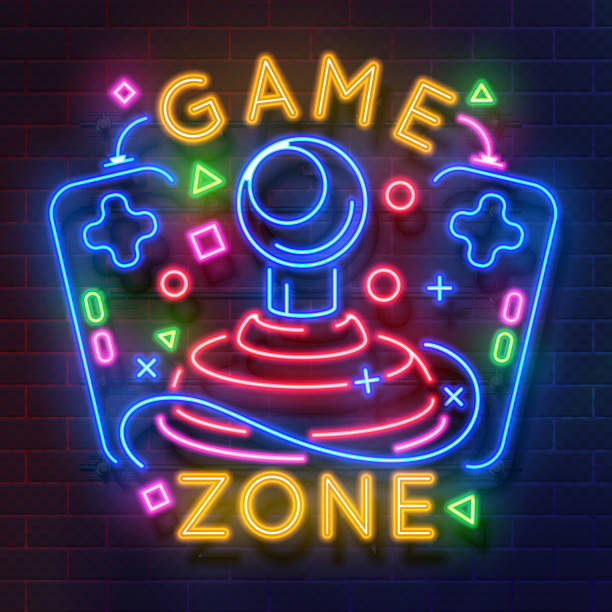 ilustrações de stock, clip art, desenhos animados e ícones de neon game signs. retro video games zone, player room glowing emblems, night light labels. - retro revival video game joystick gamer