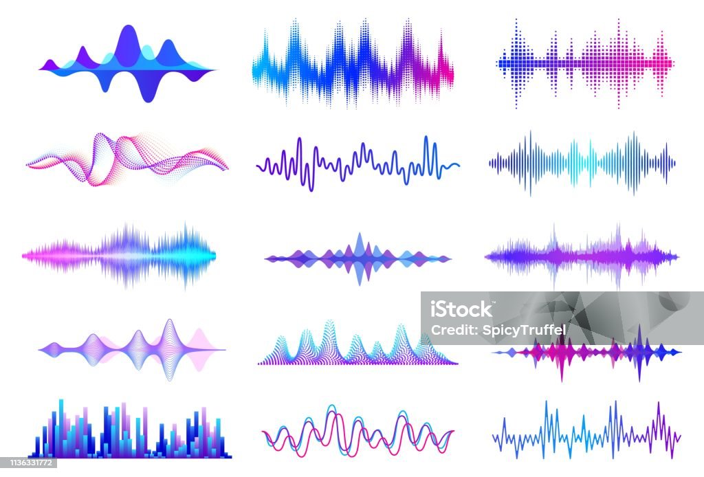 Onde sonore. Forma d'onda audio di frequenza, elementi di interfaccia HUD dell'onda musicale, segnale grafico vocale. Onda audio vettoriale - arte vettoriale royalty-free di Onda sonora