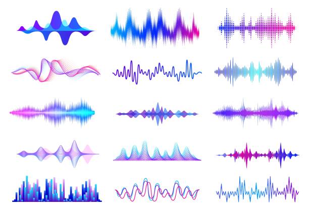 Sound waves. Frequency audio waveform, music wave HUD interface elements, voice graph signal. Vector audio wave Sound waves. Frequency audio waveform, music wave HUD interface elements, voice graph signal. Vector audio wave set microphone designs stock illustrations