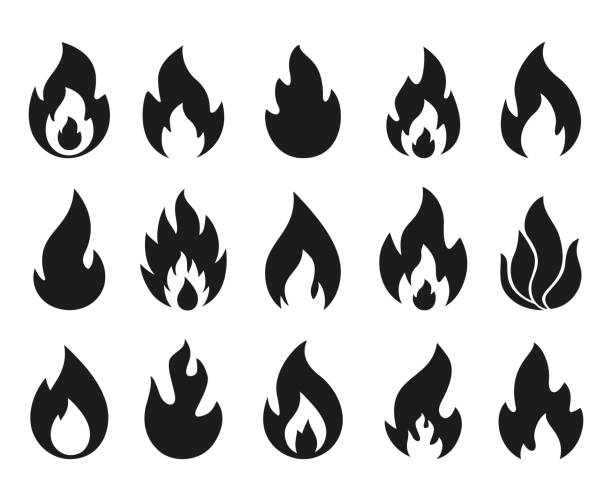 feuerflamme ikonen. einfache brennende lagerfeuer-silhouette-symbole, heiße chile-sauce, lagerfeuerform. set von feuer und flammenlogos - symbol vegetable food computer icon stock-grafiken, -clipart, -cartoons und -symbole