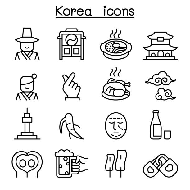 illustrazioni stock, clip art, cartoni animati e icone di tendenza di icona corea impostato in stile linea sottile - asia travel traditional culture people