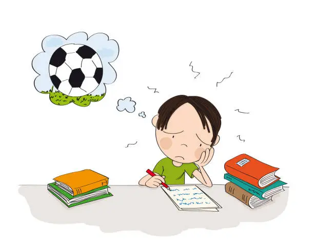 Vector illustration of Unhappy and tired boy preparing for school exam, writing homework, feeling sad and bored - original hand drawn illustration