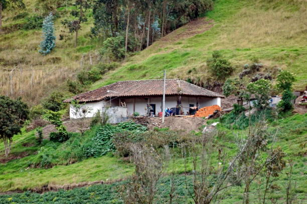Farm on the edge of a gorge, seen from the cable car to Las Lajas Sanctuary in Ipiales, Colombia