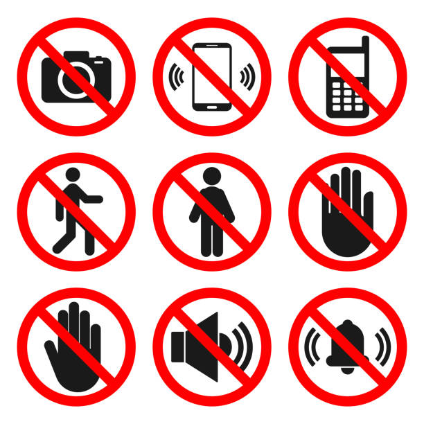 ilustrações, clipart, desenhos animados e ícones de sem câmeras, sem telefones, sem sinais de entrada. nenhum som, não toque símbolos. jogo proibido do ícone. vetor - road sign symbol stop stop gesture