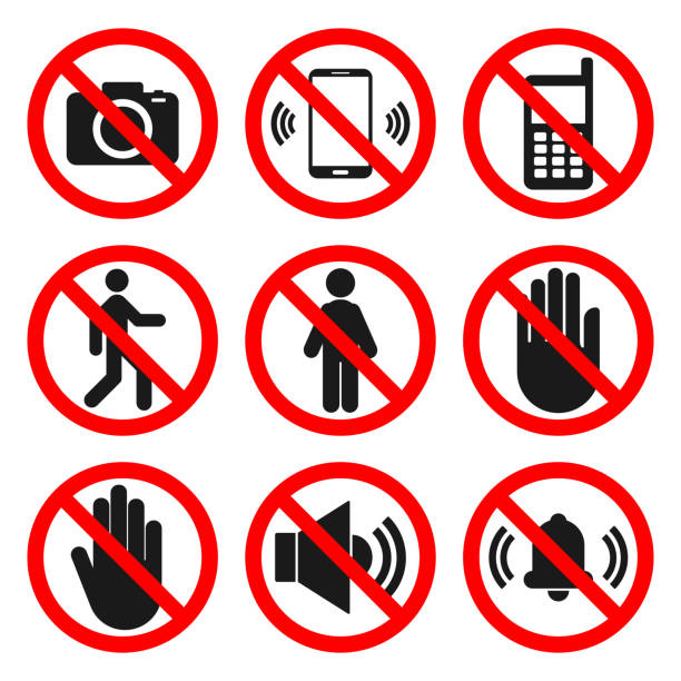 NO CAMERAS, NO PHONES, NO ENTRY signs. NO SOUND, DO NOT TOUCH symbols. Forbidden icon set. Vector NO CAMERAS, NO PHONES, NO ENTRY signs. NO SOUND, DO NOT TOUCH symbols. Forbidden icon set. Vector. no photographs sign stock illustrations