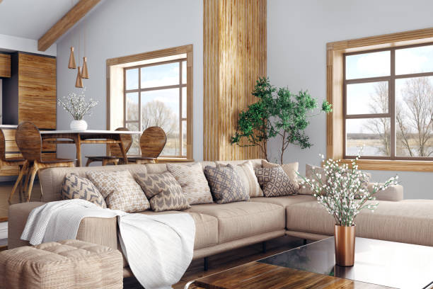 istock Interior of modern living room and kitchen 3d rendering 1136339039