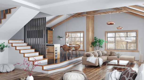 istock Modern interior design of house, kitchen, living room with sofa, staircase 3d rendering 1136339102