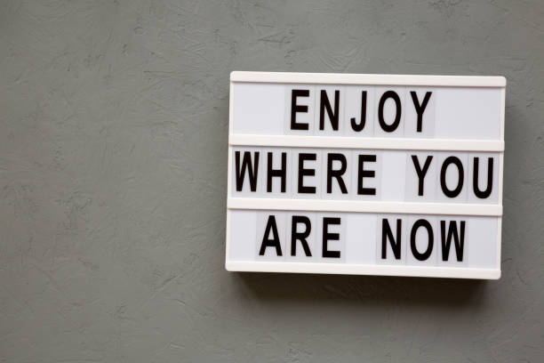 istock 'Enjoy where you are now' words on modern board over gray background, top view. Flat lay, from above. Copy space. 1136340431
