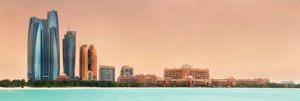 View of Abu Dhabi Skyline on a sunny day, United Arab Emirates
