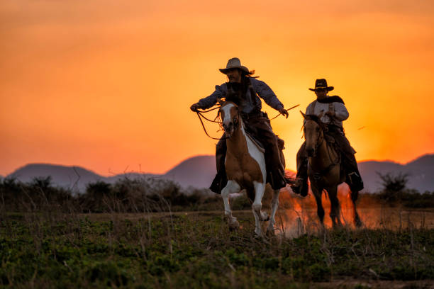 istock silhouette two cowboys ride with they horses under sunset 1136341166