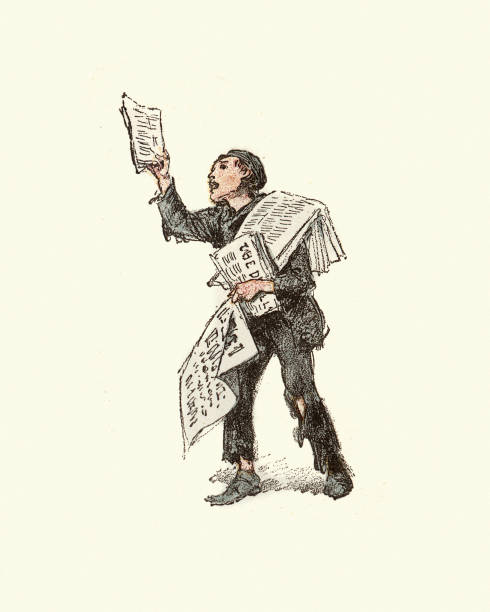 Victorian newsboy selling newspaper, East London, 19th Century Vintage engraving of a Victorian newsboy selling newspaper, East London, 19th Century. A newspaper hawker, newsboy, newsie is a street vendor of newspapers without a fixed newsstand. newspaper seller stock illustrations