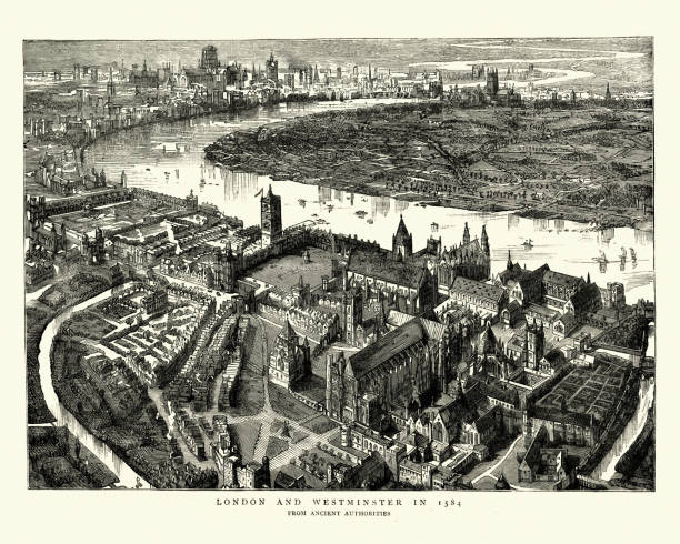 16世紀ロンドンのウェストミンスターの鳥瞰図 - tudor style illustrations点のイラスト素材／クリップアート素材／マンガ素材／アイコン素材