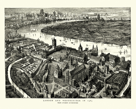 Vintage engraving of a Birds-eye view of Westminster, London in the 16th Century. 1584