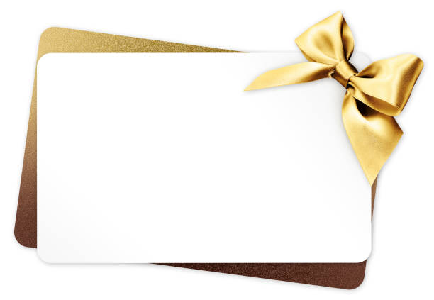 cartão do presente com a curva dourada da fita isolada no fundo branco - prepaid card - fotografias e filmes do acervo