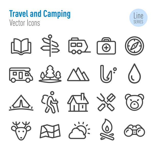 reise-und campingicons-vector line series - ökotourismus stock-grafiken, -clipart, -cartoons und -symbole