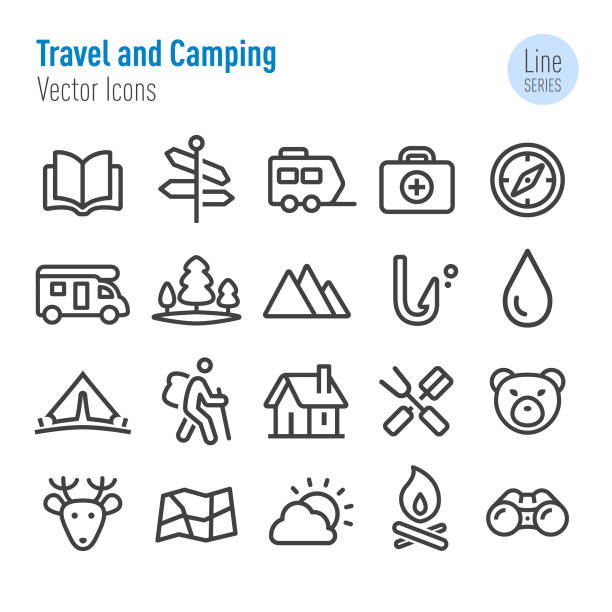 ilustraciones, imágenes clip art, dibujos animados e iconos de stock de iconos de viajes y camping-serie vector line - turismo ecológico