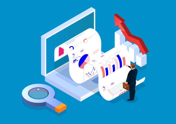 ilustrações, clipart, desenhos animados e ícones de investimento e gestão de análise de dados de negócios isométricos - comparison examining questionnaire internet