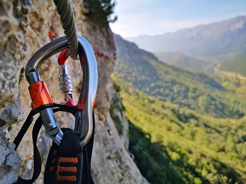 Carabiner in a via ferrata (iron path) in Spain