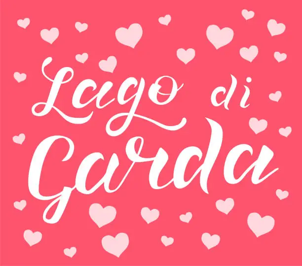 Vector illustration of Hand drawn white lettering text Lago di Garda on pink background with hearts. Lake in Italy. Modern calligraphy vector Illustration. Print for logo,travel,map, catalog, web site, poster, blog, banner.