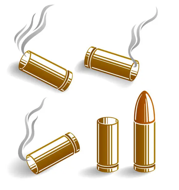 Vector illustration of Bullets and used cartridges vector illustrations set, ammo for 9mm handgun gun.