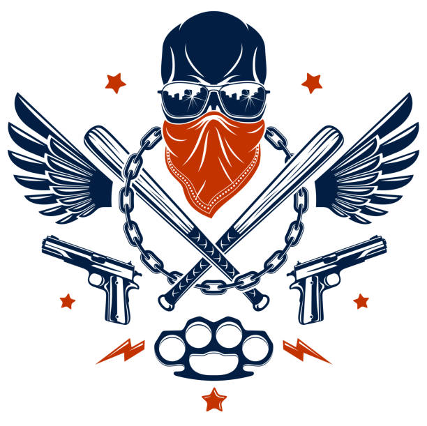 Gangster emblem tattoo with aggressive skull baseball bats and other weapons and design elements, vector, criminal ghetto vintage style, gangster anarchy or mafia theme. Gangster emblem tattoo with aggressive skull baseball bats and other weapons and design elements, vector, criminal ghetto vintage style, gangster anarchy or mafia theme. gangster rap stock illustrations