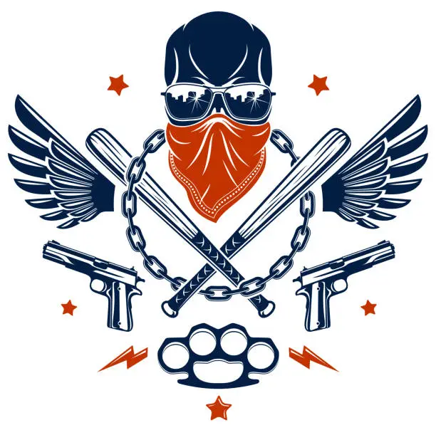 Vector illustration of Gangster emblem tattoo with aggressive skull baseball bats and other weapons and design elements, vector, criminal ghetto vintage style, gangster anarchy or mafia theme.