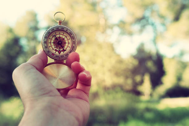 istock Male hand holding a compass during travel in the forest 1136356697