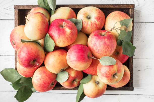 istock Red apples in wooden box 1136358438