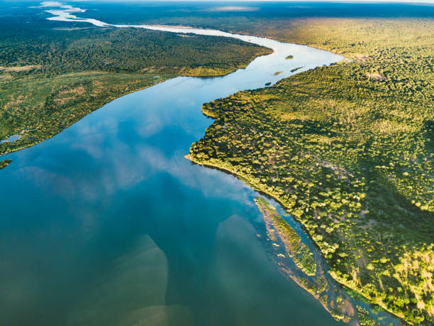luftaufnahme auf den zambezi unter blauem himmel - flussinsel landform stock-fotos und bilder