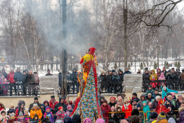 Yglich, Russia - March 10, 2019. Celebration of Maslenitsa.Maslenitsa is an East Slavic traditional holiday celebrated during the week before Lent, retaining a number of elements of Slavic mythology in its ritual.