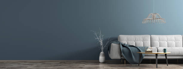 wohnzimmerraum mit weißem sofa, holztisch, vase mit filialpanorama 3d rendering - blue grey stock-fotos und bilder