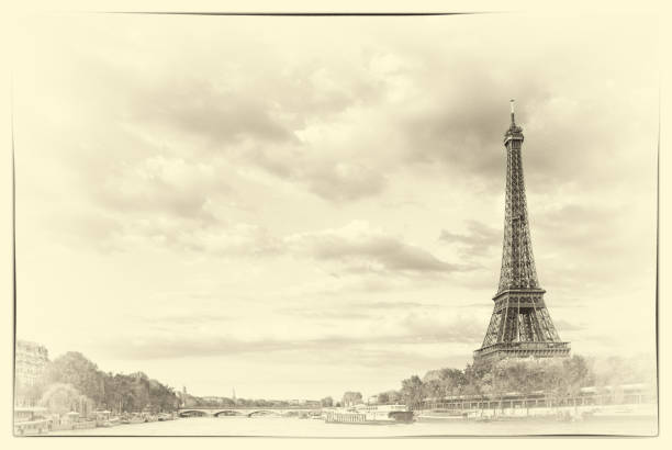 istock Vintage The Eiffel Tower and the river Seine at sunset sky background in Paris 1136366233