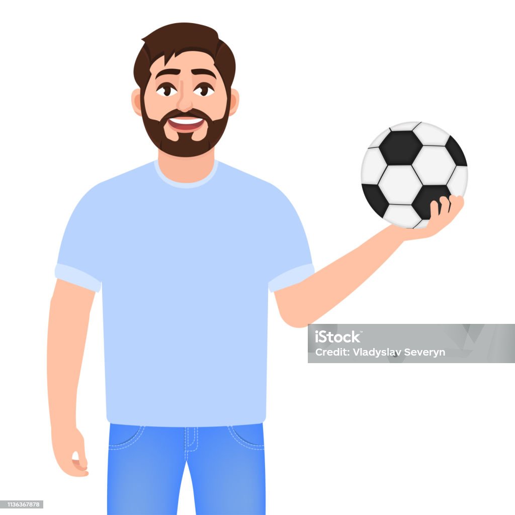 Vetores de Homem Que Prende Uma Esfera De Futebol Homem Farpado Feliz  Jogando O Futebol Caráter Em Um Estilo Dos Desenhos Animados e mais imagens  de Adulto - iStock