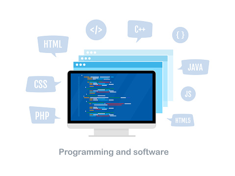 Programming Coding And Software Concept Computer With Virtual Screens ...