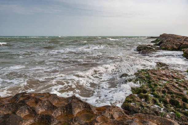 istock Splash of waves on a rocky seashore 1136370112