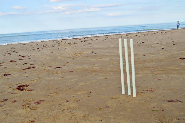 Three off white or creme coloured wickets placed into wet sand on a beach. There is red seaweed or weeds over the sand too. The wet sand has foot prints or marks over it. A person, a boy walks or is walking along the sea waves in the hindsight. Copy space. No text. The waves of the sea splash at the sandy coast. The blue sky merges or blends into the blue sea, both being in the same tone of colour.