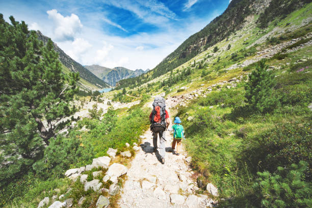 istock Father and son hiking together in mountains 1136371211