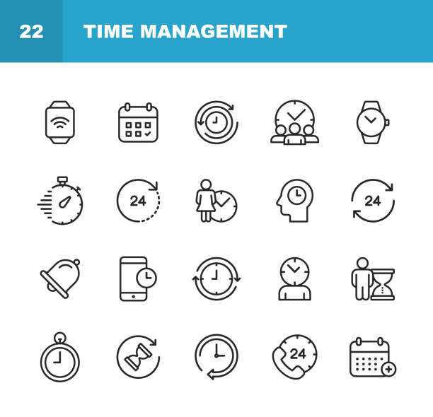 uhr und zeitmanagement line icons. bearbeitbare stroke. pixel perfect. für mobile und web. enthält solche icons wie uhr, zeit, stopwatch, management, kalender. - time icon stock-grafiken, -clipart, -cartoons und -symbole