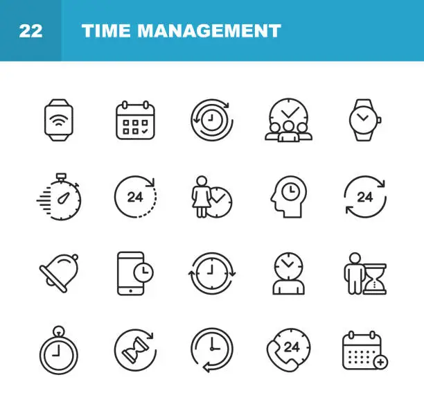 Vector illustration of Clock and Time Management Line Icons. Editable Stroke. Pixel Perfect. For Mobile and Web. Contains such icons as Clock, Time, Stopwatch, Management, Calendar.
