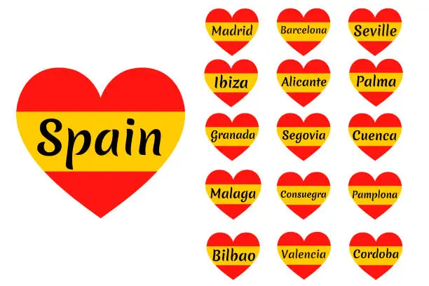 Vector illustration of Heart shaped Spain flag with inscription of city name: Spain, Madrid, Barcelona, Palma, Ibiza, Alicante, Seville, Granada, Segovia, Malaga, Pamplona, Bilbao, Valencia, Cordoba. Vector illustration