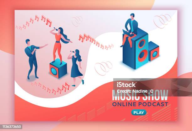 Isometric Music Radio Show 3D Illustration Modern Concert Poster Audio Blog Concept Vector Landing Page With