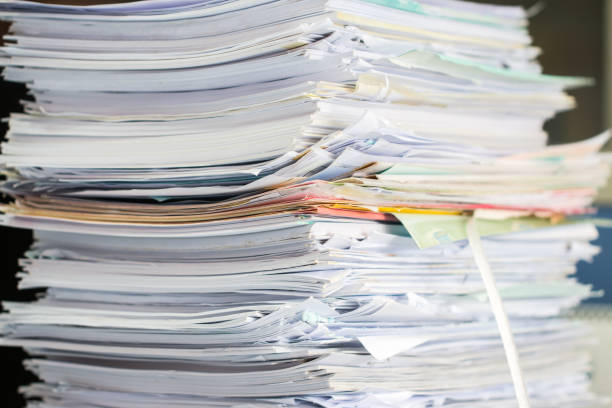 Piled heap high recycle documents folders, Stack business paper on desk messy or paperwork in office. Old Document achieves in print folder doc forms, use recycling for save