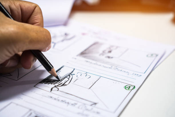 istock Hands on Storyboard movie layout for pre-production, storytelling drawing creative for process production media films. Script video editors and writing graphic in form displayed in maker shooting 1136373965