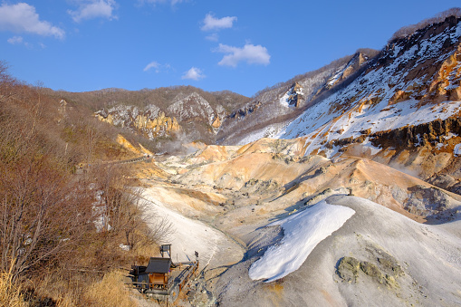 Jigokudani valley, active volcano in winter snow at Noboribetsu, Hokkaido, Japan