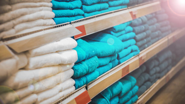 istock Shelves store with colorful towels and linens. 1136377096